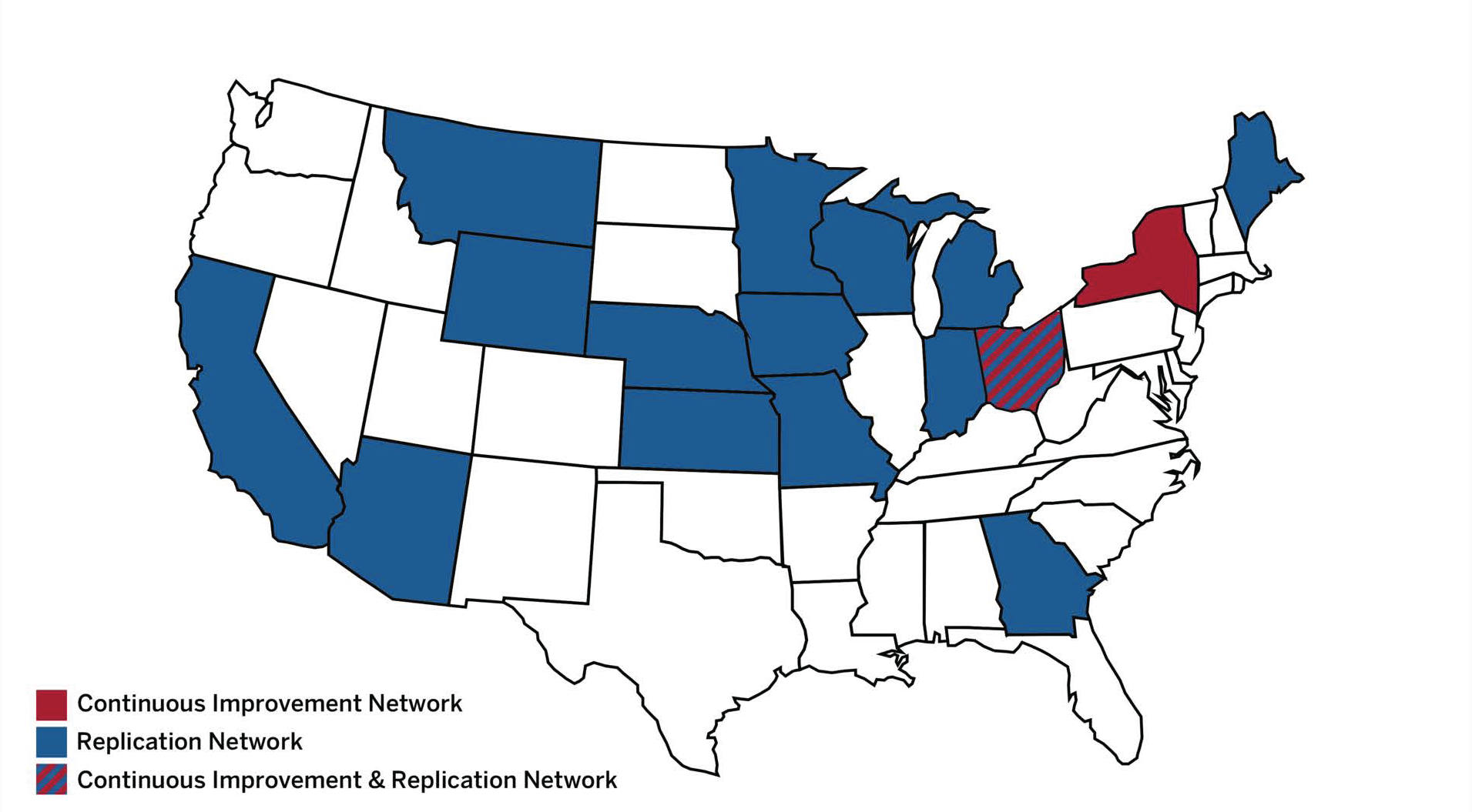 A map of NCRERN's continuous improvement network, replication network, and overlap between them, showing NCRERN's reach across the country and deep work in Ohio and New York